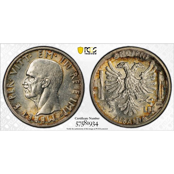 ALBANIA: Victor Emmanuel III, 1939-1943, AR 5 lek, 1939-R year XVII, PCGS MS62