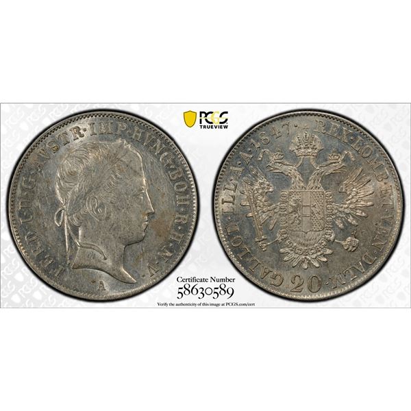 AUSTRIA: Ferdinand I, 1835-1848, AR 20 kreuzer, 1847-A, PCGS AU58