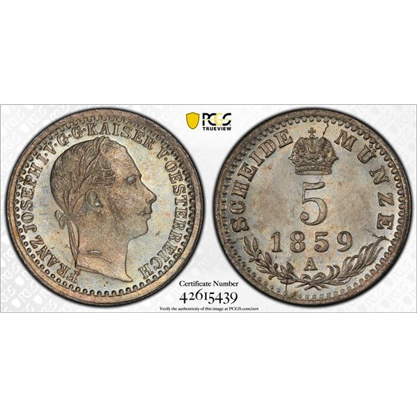 AUSTRIA: Franz Josef I, 1848-1916, AR 5 kreuzer, 1859-A, PCGS UNC details
