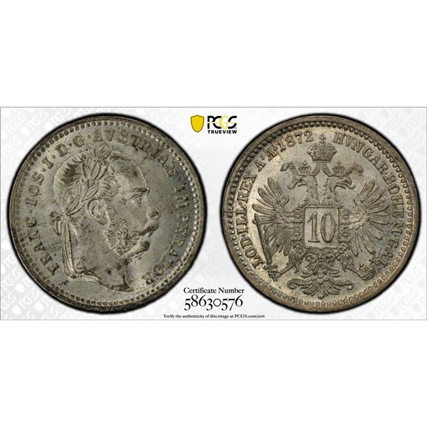 AUSTRIA: Franz Josef I, 1848-1916, AR 10 kreuzer, 1872, PCGS MS63
