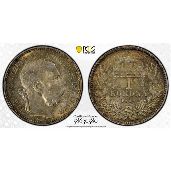 AUSTRIA: Franz Josef I, 1848-1916, AR korona, 1894, PCGS MS65