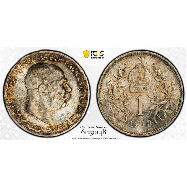 AUSTRIA: Franz Josef I, 1848–1916, AR corona, 1913, PCGS MS66