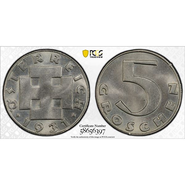 AUSTRIA: Republic, 5 groschen, 1931, PCGS MS64