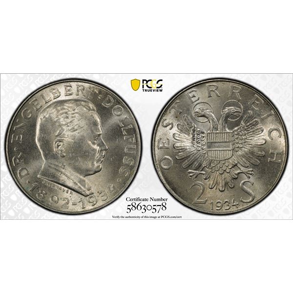 AUSTRIA: Republic, AR 2 schilling, 1934, PCGS MS63