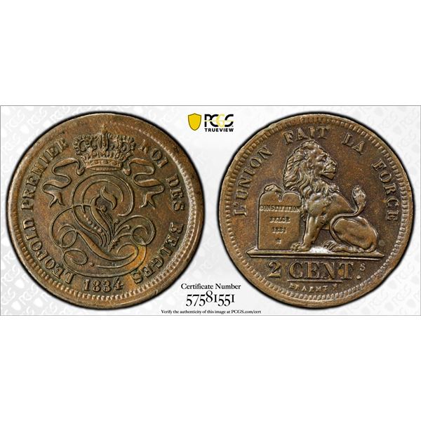 BELGIUM: Leopold I, 1831-1865, AE 2 centimes, 1834, PCGS MS62