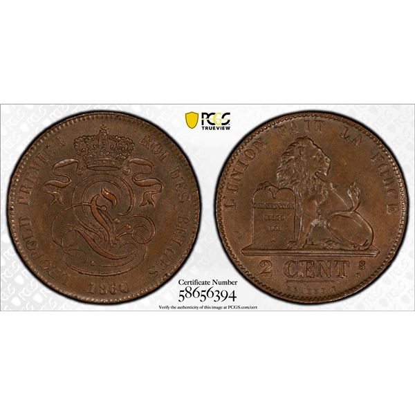 BELGIUM: Leopold I, 1831-1865, AE 2 centimes, 1860, PCGS MS63 BN