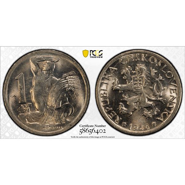 CZECHOSLOVAKIA: 1 koruna, 1946, PCGS MS65