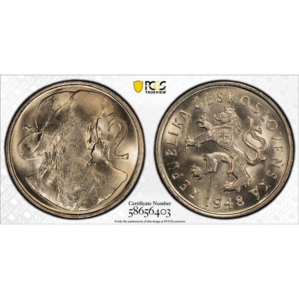 CZECHOSLOVAKIA: 2 koruny, 1948, PCGS MS66