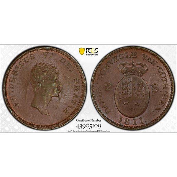 DENMARK: Frederik VI, 1808-1839, AE 2 skliing, 1811, PCGS MS63 BN