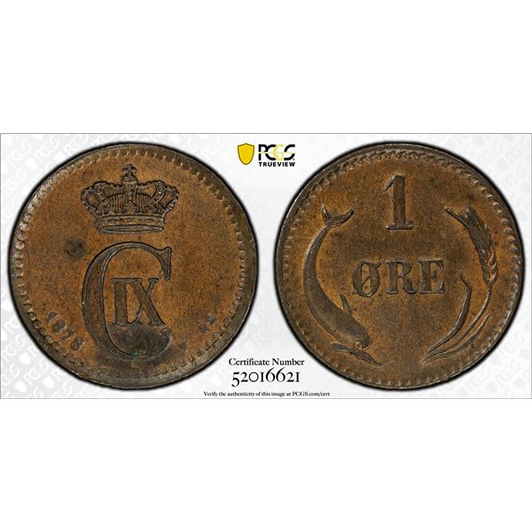 DENMARK: Christian IX, 1863-1906, AE ore, 1878, PCGS MS62 BN
