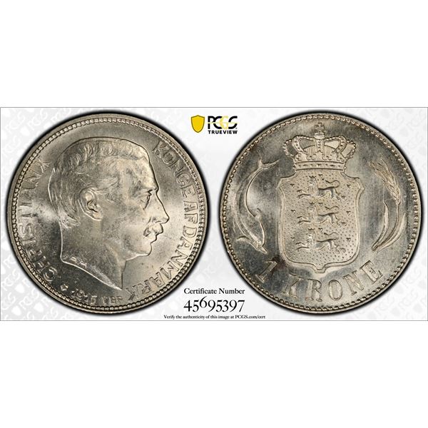 DENMARK: Christian X, 1912-1947, AR krone, 1915, PCGS MS65