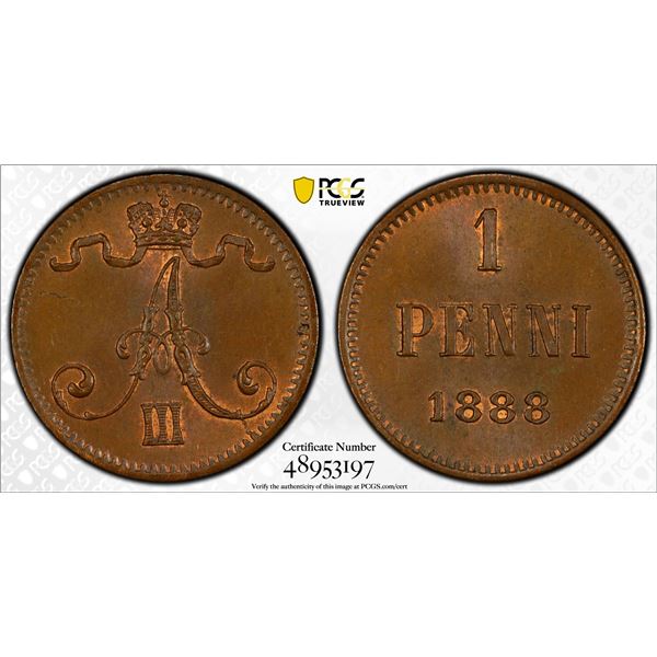 FINLAND: Alexander III, Grand Duke, 1881-1894, AE penni, 1888, PCGS MS64 BN