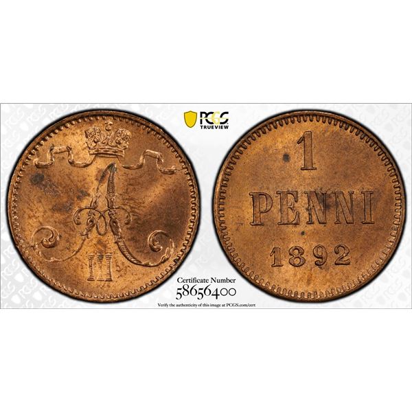 FINLAND: Alexander III, Grand Duke, 1881-1894, AE penni, 1892, PCGS MS64 RB