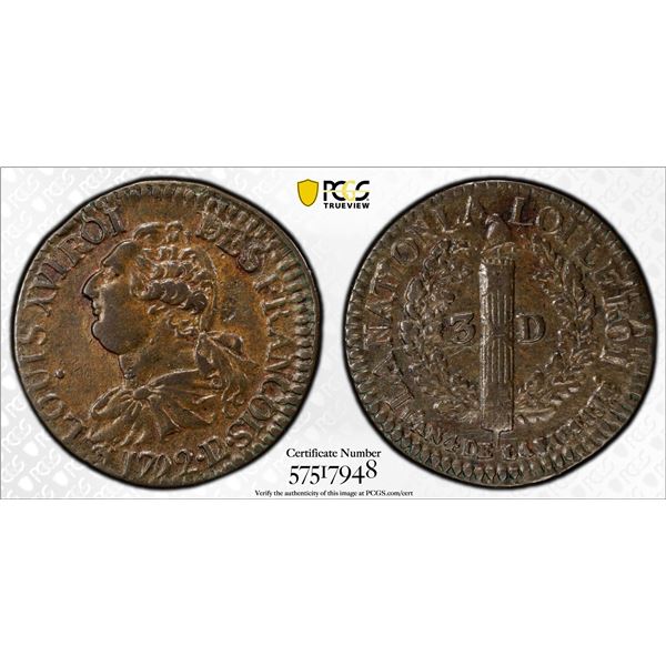 FRANCE: Louis XVI, 1774-1792, AE 3 deniers, Roanne, 1792/L'AN 4, PCGS AU55