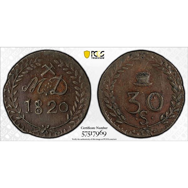 FRANCE: Louis XVIII, 2nd Reign, 1815-1824, AE 30 sous token, 1820, PCGS AU58