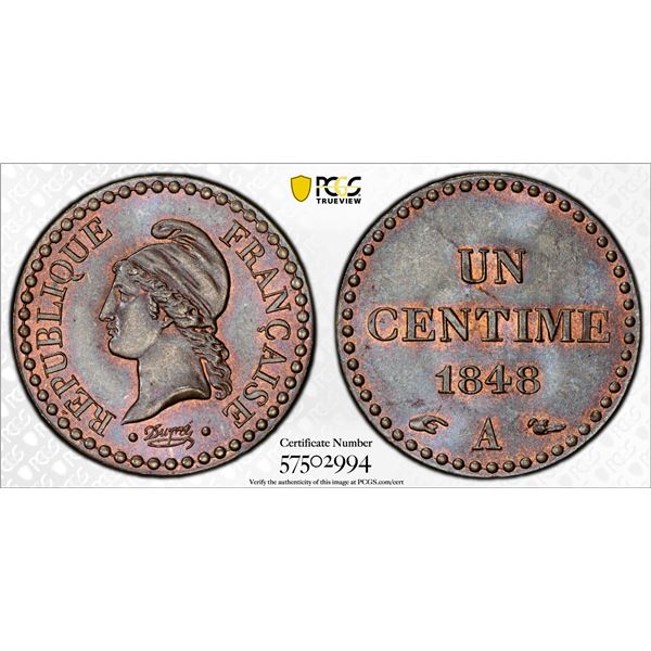FRANCE: Second Republic, AE centime, 1848-A, PCGS MS66 BN