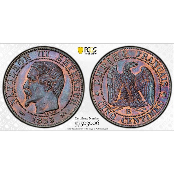 FRANCE: Napoleon III, 1852-1870, AE 5 centimes, Rouen, 1855-B, PCGS MS64 BN