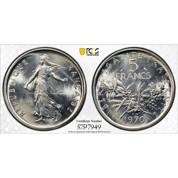 FRANCE: Fifth Republic, pattern 5 francs, 1970, PCGS Specimen 68