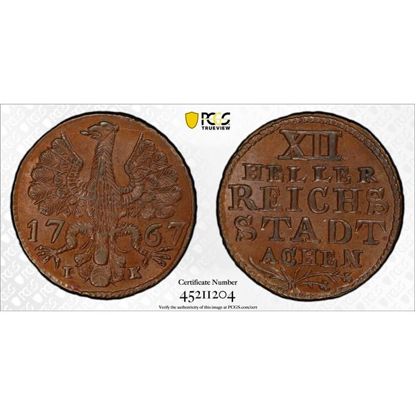 AACHEN: Free imperial city, AE 12 heller, 1767, PCGS MS64 BN