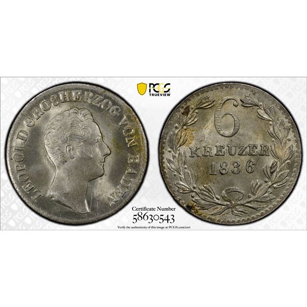 BADEN: Leopold I, 1830-1852, AR 6 kreuzer, Karlsruhe, 1836, PCGS MS65