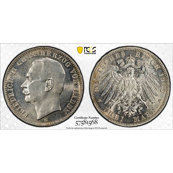 BADEN: Friedrich II, 1907-1918, AR 3 mark, 1908-G, PCGS MS62