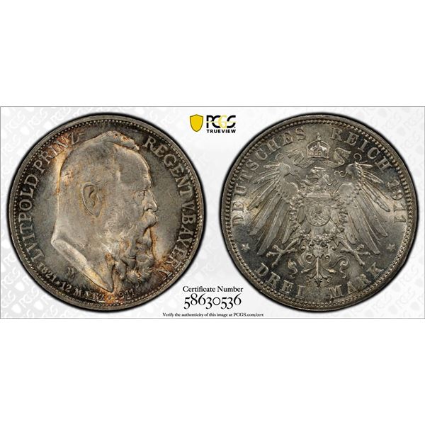 BAVARIA: Otto, 1886-1913, AR 3 mark, 1911-D, PCGS MS65