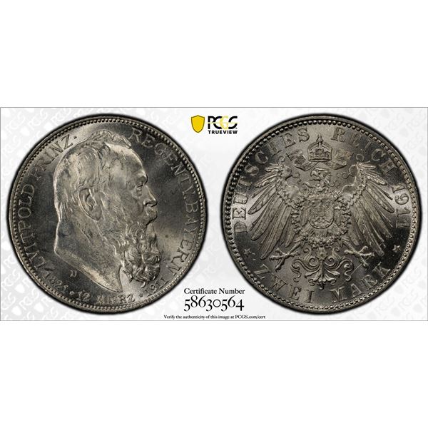 BAVARIA: Otto, 1886-1913, AR 2 mark, 1911-D, PCGS MS63