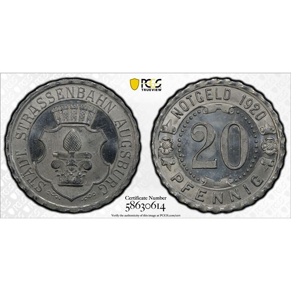 BAVARIA: 20 pfennig token, Augsburg, 1920, PCGS MS65