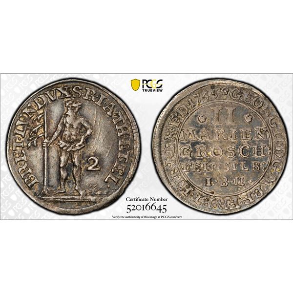 BRUNSWICK-LÜNEBURG-CALENBERG-HANOVER: Georg II, 1727-1760, AR 2 mariengroschen, 1745, PCGS AU58