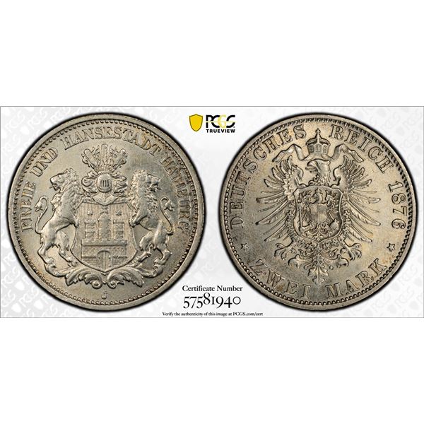 HAMBURG: Free Hanseatic City, AR 2 mark, 1876-J, PCGS AU details
