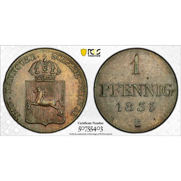 HANOVER: William IV, 1830-1837, BI pfennig, 1835-B, PCGS MS64 BN