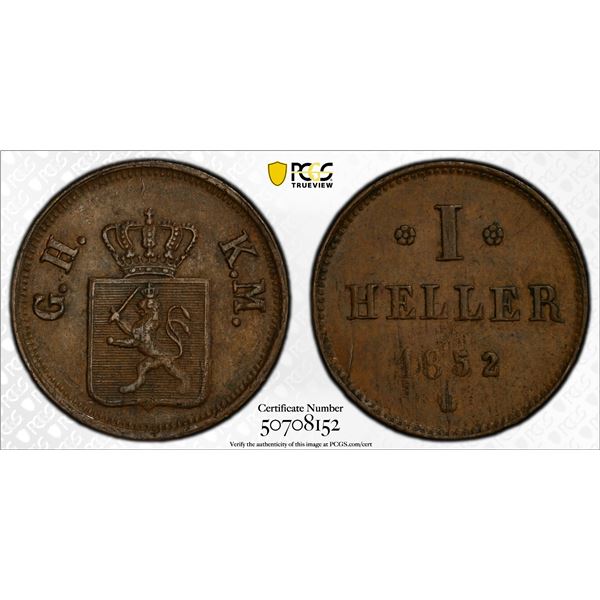 HESSE-DARMSTADT: Ludwig III, 1848-1877, AE heller, 1852, PCGS MS62 BN