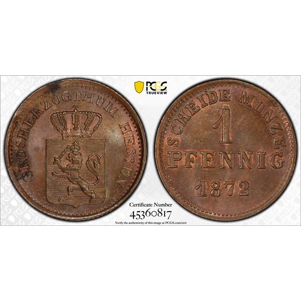 HESSE-DARMSTADT: Ludwig III, 1848-1877, AE pfennig, 1872, PCGS MS64 BN