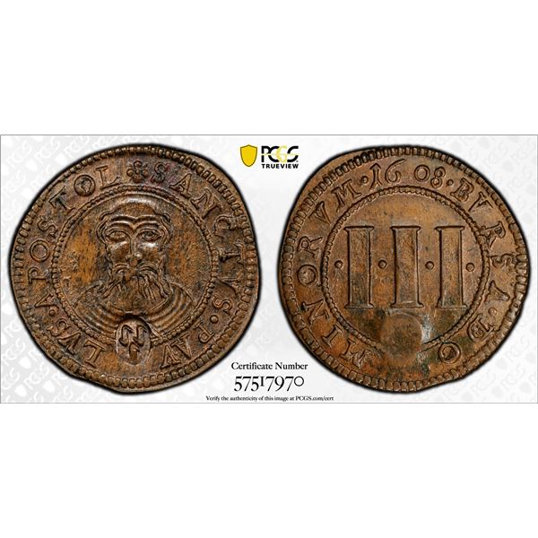 MÜNSTER: Cathedral Chapter, AE 3 pfennig, 1608, PCGS MS63 BN