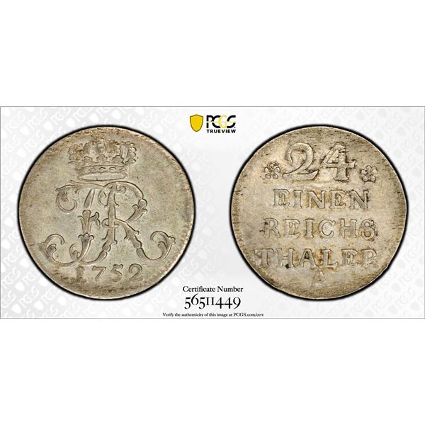 PRUSSIA: Friderich II (the Great), 1740-1786, BI 1/24 thaler, 1752-A, PCGS AU58
