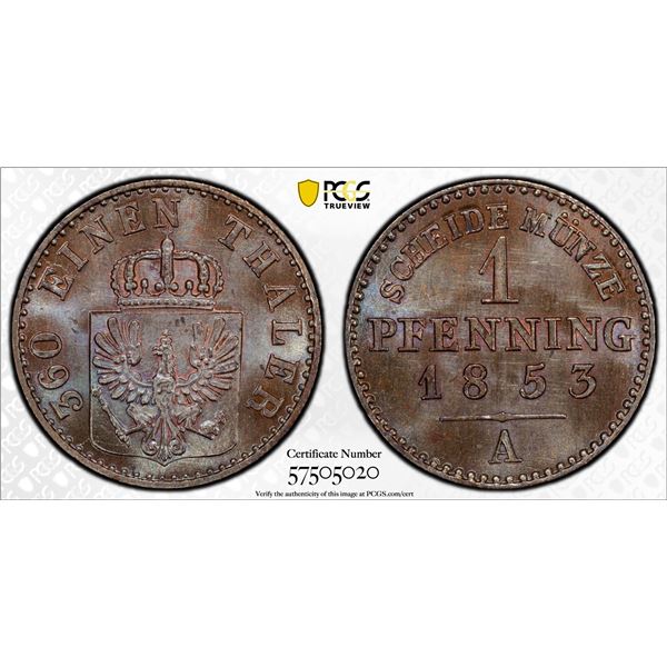 PRUSSIA: Friedrich Wilhelm IV, 1840-1861, AE pfennig, 1853-A, PCGS MS65 BN