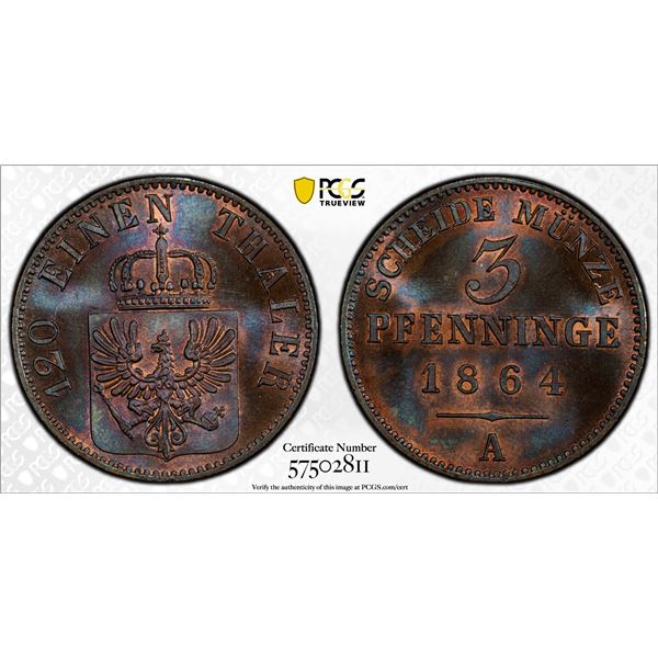 PRUSSIA: Wilhelm I, 1861-1888, AE 3 pfennig, 1864-A, PCGS MS65 RB