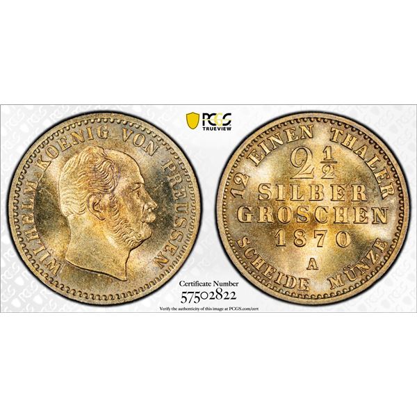 PRUSSIA: Wilhelm I, 1861-1888, BI 2 1/2 groschen, 1870-A, PCGS MS64