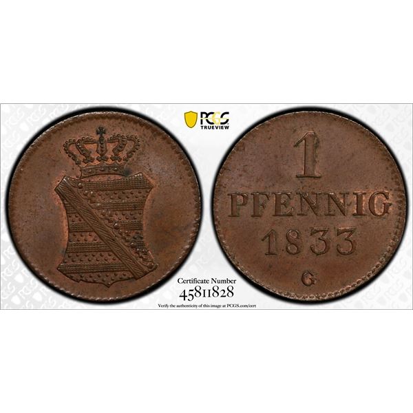 SAXONY: Anton I, 1827-1836, AE pfennig, 1833, PCGS MS63 BN