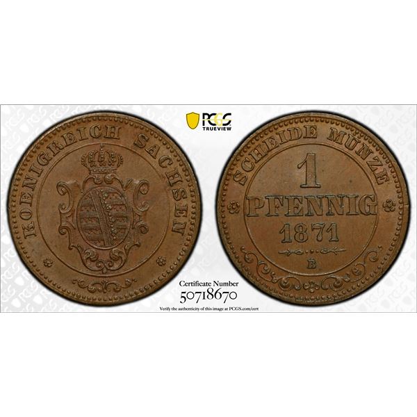 SAXONY: Johann, 1854-1873, AE pfennig, 1871-B, PCGS MS64 BN