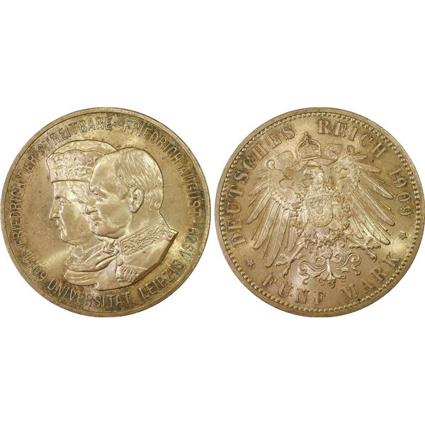 SAXONY: Friedrich August III, 1904-1918, AR 5 mark, 1909, PCGS MS66