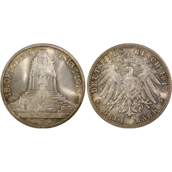 SAXONY: Friedrich August III, 1904-1918, AR 3 mark, Muldenhutten, 1913-E, PCGS MS66