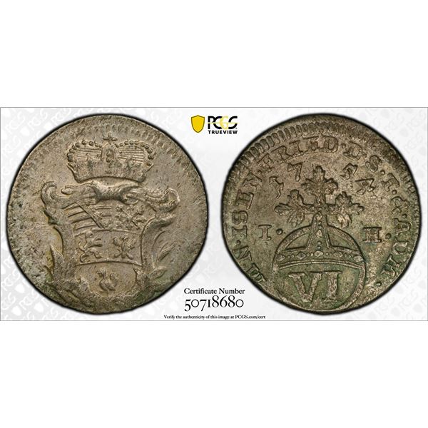 SAXE-WEIMAR-EISENACH: Ernst August II, 1748-1758, AR 6 pfennig, 1754, PCGS AU55