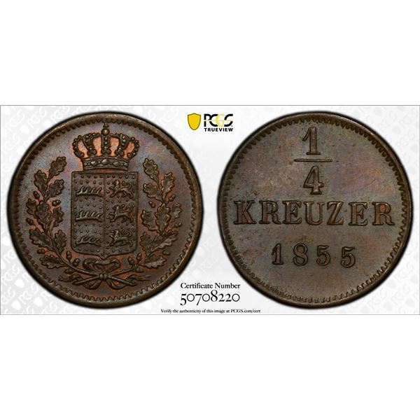 WÜRTTEMBERG: Wilhelm I, 1816-1864, AE 1/4 kreuzer, 1855, PCGS MS65 BN