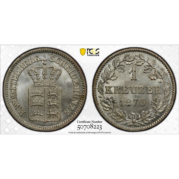WÜRTTEMBERG: Karl I, 1864-1891, AR kreuzer, 1870, PCGS MS65