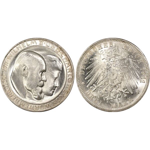WÜRTTEMBERG: Wilhelm II, 1891-1918, AR 3 mark, Freudenstadt, 1911-F, PCGS MS65