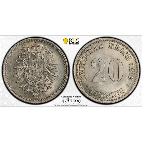GERMANY: Kaiserreich, AR 20 pfennig, 1876-D, PCGS MS63