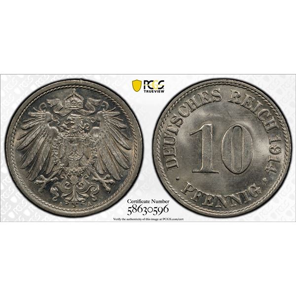 GERMANY: Kaiserreich, 10 pfennig, 1914-A, PCGS MS65
