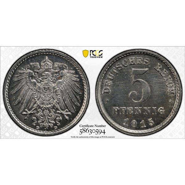 GERMANY: Kaiserreich, 5 pfennig, 1915-D, PCGS MS65