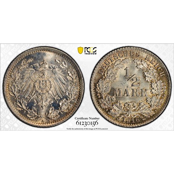 GERMANY: Kaiserreich, AR 1/2 mark, 1916-A, PCGS MS67